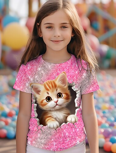  da ragazza maglietta con gatti 3D rosa manica corta stampa 3D estate attiva moda stile carino poliestere bambini 3-12 anni girocollo all'aperto casual quotidiano vestibilità classica