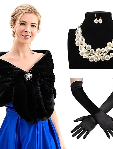  Set met nepbont sjaal wraps strass broche faux parel ketting oorbellen lange opera handschoenen dames jaren 1920 bruid bruiloft winter bruids faux vossenbont stola's en sjaals voor vrouwen en