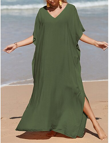  Dame Hvit kjole Lang kjole Maxikjole Delt Stevnemøte Feriereise Strand Maxi Grunnleggende V-hals Halvlange ermer Svart Hvit Gul Farge