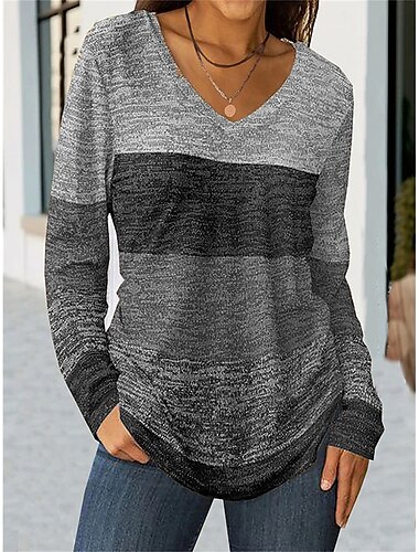  Damen T Shirt Farbblock Modisch Langarm V Ausschnitt Normale Oberteile Täglich Wochenende Bedruckt Blau Khaki Grau Frühling & Herbst