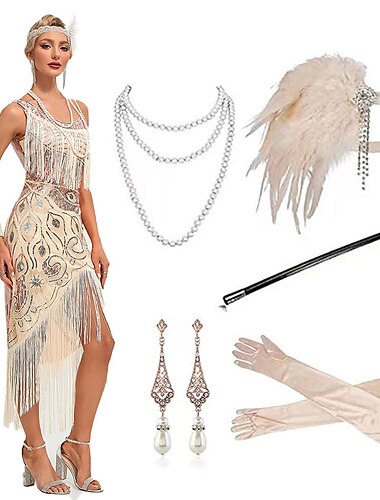  set con vestito flapper fascia di piume collana di perle finte guanti lunghi da opera orecchini bocchino orecchini da donna ruggenti anni '20 abiti anni '20 abito da cocktail gatsby flapper ragazza