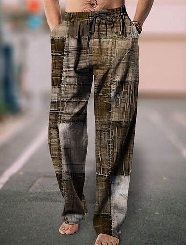  Farbblock-Geometrie, Vintage-Herrenhose mit 3D-Druck, Outdoor-Hose, Alltagskleidung, Streetwear, Polyester, Blau, Braun, Grün, S, M, L, mittlerer Bund, elastische Hose