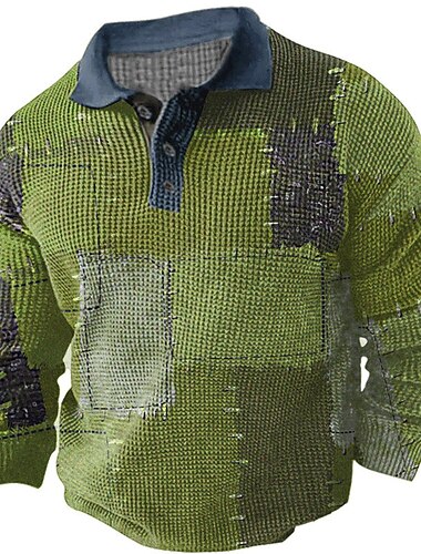  Men's Plaid Waffle Polo Shirts Golf Shirt Long Sleeve Polo Shirts Collared Shirts Vintage Casual Vacation Wear Formal Wear Festival Wear Buttons 3D Print Fall & Winter Blue Brown Green