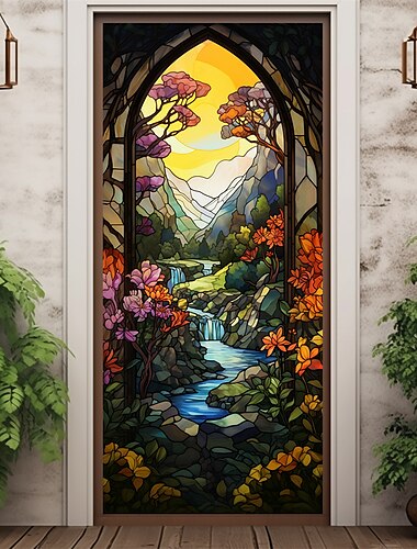  Stained Glass Landscape Door Covers Mural Decor Door Tapestry Door Curtain Decoration Backdrop Door Banner Removable for Front Door Indoor Outdoor Home Room Decoration Farmhouse Decor Supplies