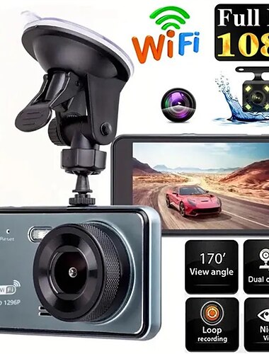 Caméra de tableau de bord 4 pouces 1080p, caméra dvr pour voiture, écran tactile, enregistreur vidéo à double objectif, enregistrement de cycle, vidéo, wifi, enregistreur de conduite