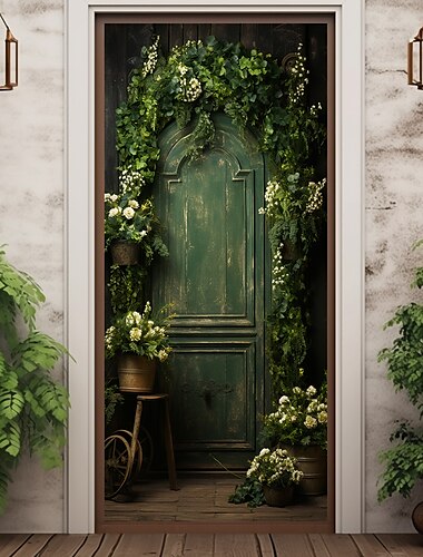  Florale Vintage-grüne Türabdeckungen, Wanddekoration, Türteppich, Türvorhang, Dekoration, Hintergrund, Türbanner, abnehmbar, für Haustür, Innen- und Außenbereich, Heimdekoration, Bauernhaus-Dekoration