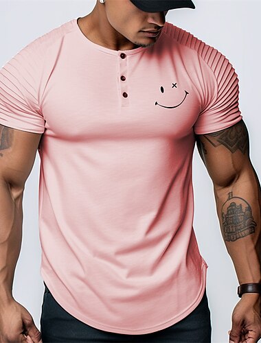 Męskie Graficzny Uśmiechnięta twarz Koszula Henley Raglanowa koszulka Krótki rękaw Moda Codzienny Sporty na świeżym powietrzu Święto Wyjściowe Wiosna i lato Biały Rumiany róż Błękit nieba Henley