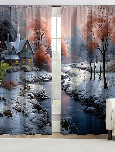  قطعتان من ستائر سلسلة لوحات المناظر الطبيعية ثلاثية الأبعاد من القماش الطباعة الرقمية ستائر النوافذ
