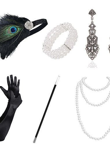  Elegant Årgang 1920'erne Handsker Halskæde 1920'er pandebånd Halskæde Ørering Den store Gatsby Bryllupsgæst Fjer Perler Dame Nytår Maskerade Ydeevne Bryllupsfest Polterabend Voksne Handsker Mere