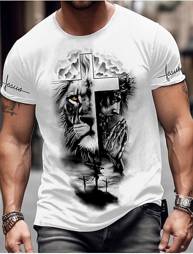  T-shirt des Croisés lion croix foi T-shirt à manches courtes impression 3D col rond chemise quotidienne extérieure fête décontractée vacances blanc vêtements d'été