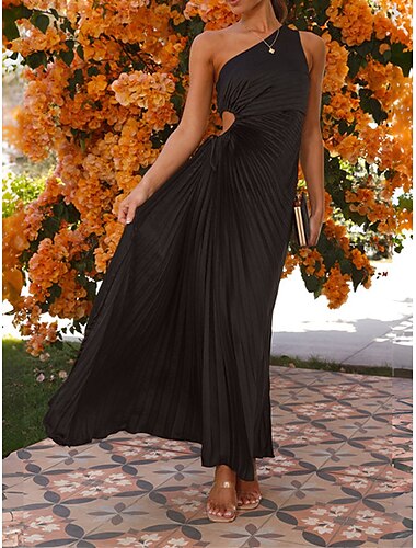  Mujer Vestido de fiesta de graduación Vestido de Fiesta vestido recortado Plisado Correa Un Hombro Sin Mangas San Valentín Invitado a la boda Elegante Negro Púrpula Claro Verano Primavera