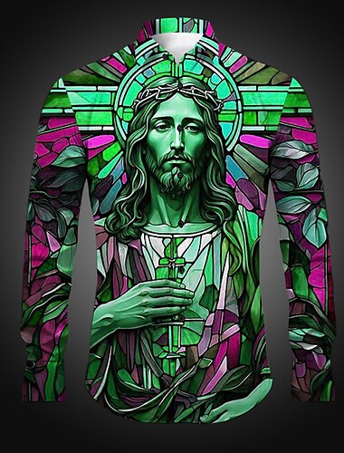  Herren Mehrfarbig Jesus Hemd Knopfhemd Langarm Künstlerisch Abstrakt Freizeitskleidung Ausgehen Frühling Umlegekragen Bedruckt Button-Down Gelb Blau Purpur Fuchsie Orange