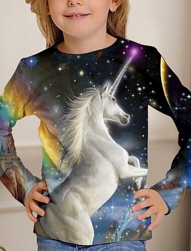 Mädchen 3D Einhorn Pferd T-Shirt Hemden Langarm 3D-Druck Frühling Herbst Aktiv Modisch Kuschelig kinderkleidung 3-12 Jahre Rundhalsausschnitt Outdoor Casual Täglich Regular Fit
