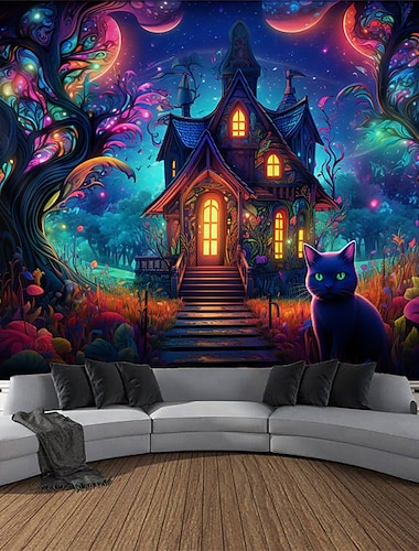  Tapisserie à lumière noire réactive aux UV qui brille dans le noir, fête, néon, château magique, chat, nature, psychédélique, trippant, brumeux, décoration murale suspendue pour salon, chambre à