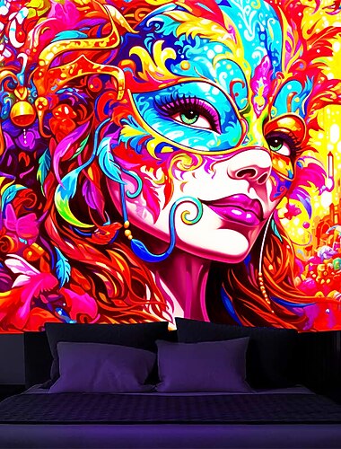  Schwarzlicht-Wandteppich, UV-reaktiv, leuchtet im Dunkeln, trippige Frau, Nebel-Glühparty, Karneval, Wandteppich, Wandbild für Wohnzimmer, Schlafzimmer