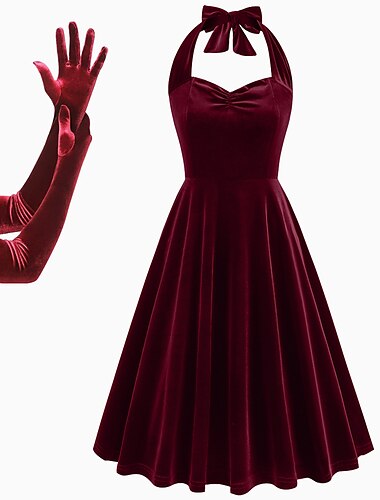  Retro Antiguo 1950s Mediodía Vestido swing Vestido acampanado Sin Mangas Cuello halter Mujer Mascarada Casual Diario Fiesta / Cóctel Despedida de Soltera Adulto Vestido Guantes Vestidos de fiesta