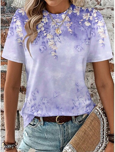  Damen T Shirt Blumen Modisch Kurzarm Rundhalsausschnitt Normale Oberteile Täglich Wochenende Bedruckt Rosa Blau Purpur Grün Sommer