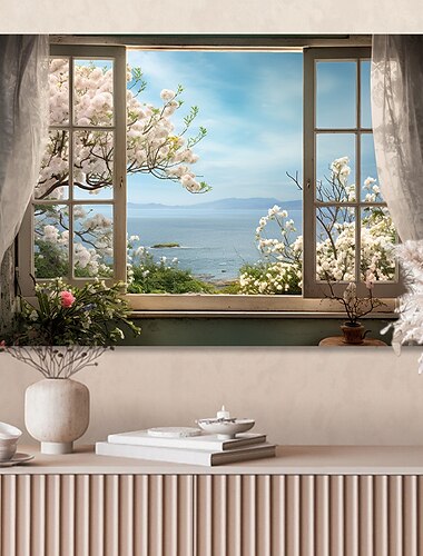  لوحة فنية جدارية من القماش على شكل نافذة زائفة لأزهار الكرز الربيعية ومطبوعات وملصقات صور لوحة قماشية مزخرفة لغرفة المعيشة بدون إطار