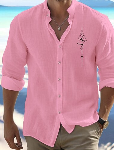  Men's Shirt Beach Shirt Button Up Shirt Symbol Outdoor Vacation White Long Sleeve Standing Collar Spring &  Fall Clothing Apparel Print
