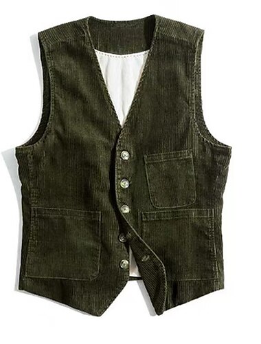  Herren Weste Freizeitskleidung Urlaub Ausgehen Retro Vintage Frühling & Herbst Taste Kord Komfortabel Feste Farbe Einreihiger Verschluss V Ausschnitt Regular Fit Schwarz Dunkelmarine Armeegrün Kaffee