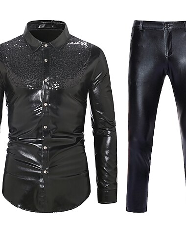  Set mit glänzenden metallischen Hosen mit geradem Bein, 2-teilig, Disco-Outfits, 1980er-Jahre, Herren-Pailletten, Cosplay-Kostüm, Maskerade, Party, Abend, Club-Performance