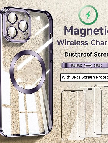  Magsafe Hülle + 3er-Pack Displayschutzfolie für iPhone 15 14 Plus 13 12 11 Pro Max magnetische kabellose Ladehülle luxuriöse transparente Silikon-Objektivschutzabdeckung