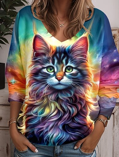 Damen Tunika T-Shirt Tier Katze Mode lustig langärmlig V-Ausschnitt reguläre Tops täglich Wochenende Druck gelb blau lila grün hellblau Frühling  Herbst