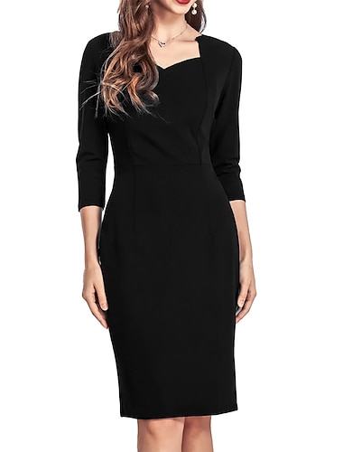  Γυναικεία Φόρεμα εργασίας Φόρεμα ριχτό Φόρεμα σε ευθεία γραμμή Κομψό Γραφείο Καθημερινά Μίντι φόρεμα Κουρελού Λαιμόκοψη V 3/4 Μήκος Μανικιού Σκέτο Κανονικό Μαύρο Άνοιξη Φθινόπωρο Τ M L XL XXL