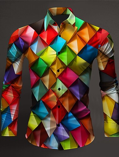  Herren Bunt Farbblock Geometrisches Muster Hemd Knopfhemd Langarm Künstlerisch Abstrakt Alltagskleidung Ausgehen Herbst Winter Umlegekragen Druck Button-Down Purpur Regenbogen
