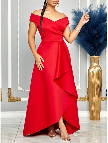  Dam Balklänning Festklänning röd klänning Volang V-hals Kortärmad Semester Elegant Formell Svart Vit Sommar Vår