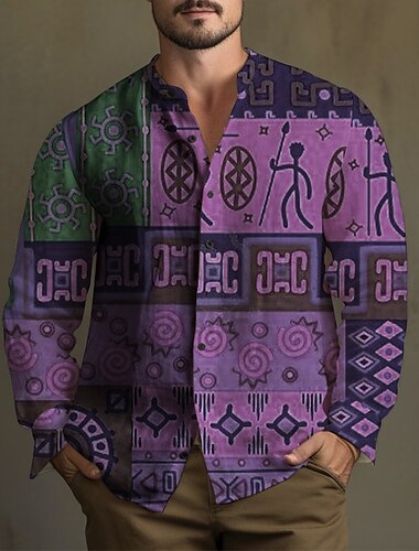  Herren Ethnisch Hemd Knopfhemd Langarm Vintage Tribal Alltagskleidung Ausgehen Wochenende Herbst Winter Stehkragen Druck Button-Down Rote Purpur Orange Grün Khaki