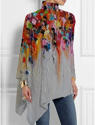  Damen T-Shirt Mode Floral Druck Asymmetrischer Saum Langarm Lange Oberteile Hoher Hals Lässig Urlaub Blau Grün Grau Frühling  Herbst