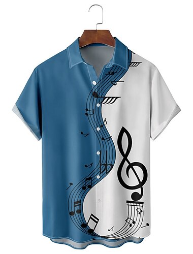 Voor heren Muziek noten Overhemd Overhemd met knopen Korte mouw Casual Alledaagse kleding Uitgaan Weekend Herfst Strijkijzer Afdrukken Button-omlaag Zwart Rood Donker Marine blauw Groen