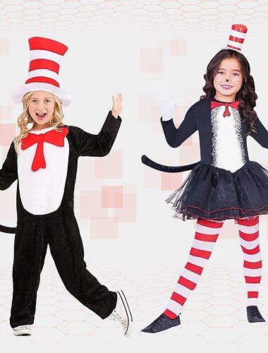  Le chat dans le chapeau Chat Costume de Cosplay Garçon Fille Cosplay de Film Animé Filles Garçons Halloween Mascarade Collant / Combinaison Robe Chapeau