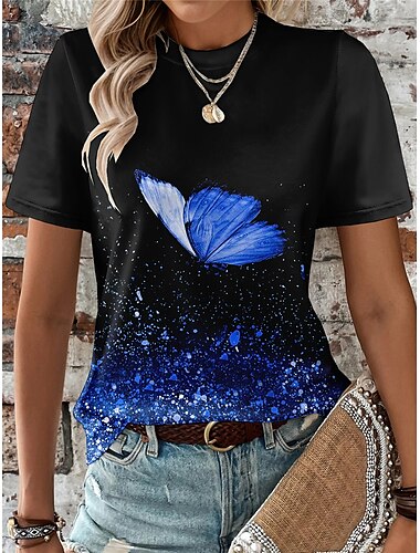  Damen T Shirt Schmetterling Modisch Kurzarm Rundhalsausschnitt Normale Oberteile Täglich Wochenende Bedruckt Blau Purpur Fuchsie Leicht Blau Sommer