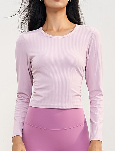  Mujer Camiseta Running Top corto Color sólido Yoga Aptitud física Top corto Negro Blanco Rosa Cuello Barco Manga Larga Alta elasticidad Primavera & Otoño