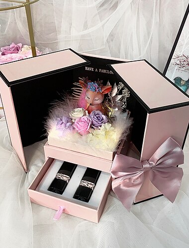  Rose Seifenblume Lippenstift Geschenkbox mit Hand Geschenk Hirsch Geschenkbox Qixi Valentinstag Geschenk Doppeltür Halskette Geschenkbox (nur Geschenkbox)