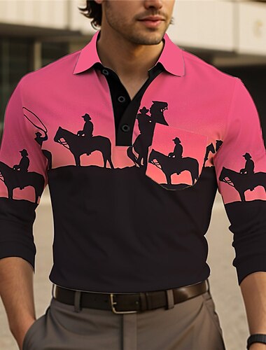 Herr Cowboy Pikétröjor Kabelstickad Polo Långärmad Polotröjor Nedvikt Vintage Utomhus Ledigt / vardag Streetwear 3D Mönster Sommar Rodnande Rosa Mörkrosa Purpur
