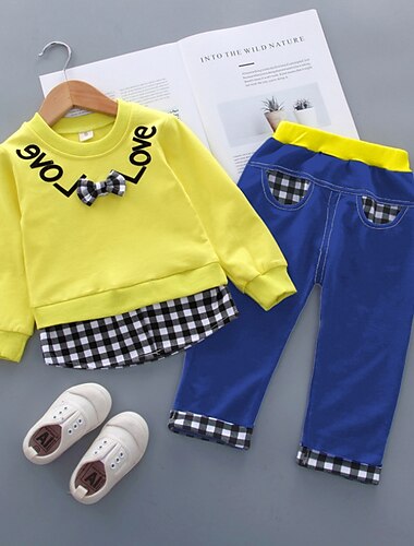  Mädchen 3D Plaid Buchstabe Kleidungsset Langarm Herbst Basic Baby 1-3 Jahre alt Schulanfang Outdoor Innen Regular Fit