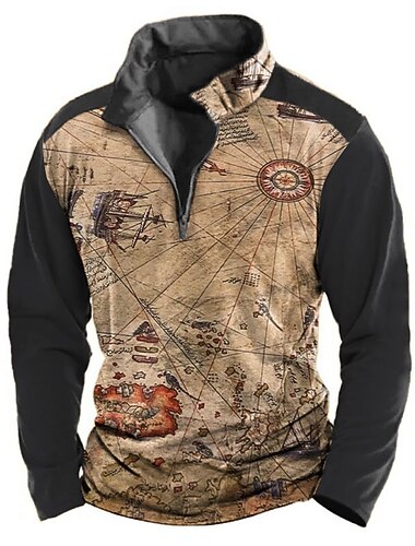  Herren Nautisch Poloshirts mit Reißverschluss Golfshirt Langarm Polo-Shirts Hemden mit Kragen Vintage Lässig Urlaubskleidung Bootskleidung Party-Outfits 3D-Druck Viertelreißverschluss-Poloshirt