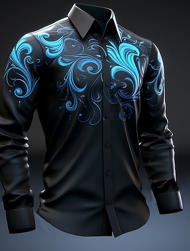  Herren Hemd Knopfhemd Langarm Künstlerisch Freizeitskleidung Ausgehen Herbst Winter Umlegekragen Bedruckt Button-Down Hellblau Schwarz Königliches Blau Blau Purpur