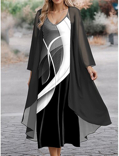  Dames Jurk Set Casual jurk Chiffon jurk Swingjurk Modieus Streetwear Bloemig Geometrisch Afdrukken Lange jurk maxi-jurk Lange mouw V-hals Buiten Kantoor blauw Zwart Groen Lente Normale pasvorm