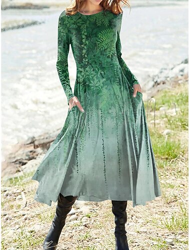  Femmes Robe Midi Robe Vintage Robe Décontractée Robe d'Hiver Robe évasée ancien Ethnique Tribal Formel Vacances Soirée Coupe régulière Fleuri manche longue Col ras du cou Vin Violet Vert Kaki Automne