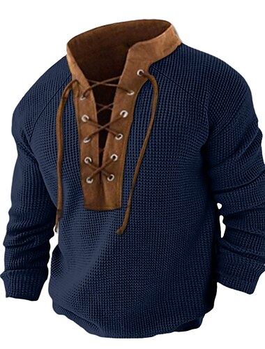  Per uomo Maglietta Maglietta a Maglia Waffle Camicia a Maniche Lunghe Manica Lunga Colletto Mao Primavera & Autunno Blocco di colori Moda Designer Essenziale Patchwork Coulisse Vacanza Streetwear