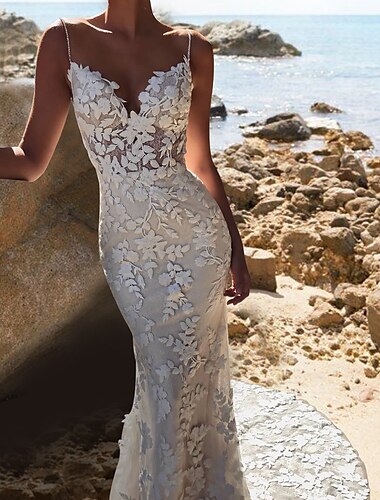  Strand Boho Simpel Bruidsjurk Zeemeermin Camisole V-hals Spaghetti Strap Kapel Train Kant Bruidsjurken Met Kant Applicaties 2025