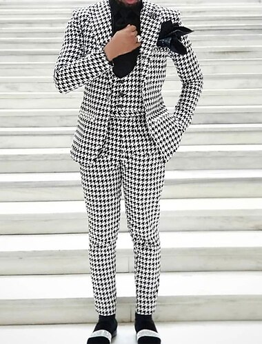  Menn Smokings drakter Bryllup Svart / Hvit Vår, Høst, Vinter, Sommer Dress Spiss Mote Forretning Hundetannmønster Skreddersydd 3 deler sett Enkelt Brystet Enn-knapp