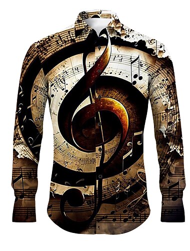 Homens Diretores de bordo Notas musicais Camisa Social camisa de botão Manga Longa Vintage Artistíco Roupa Diária Para Noite Primavera Verão Aberto para a Lateral Imprimir Botão para baixo Azul