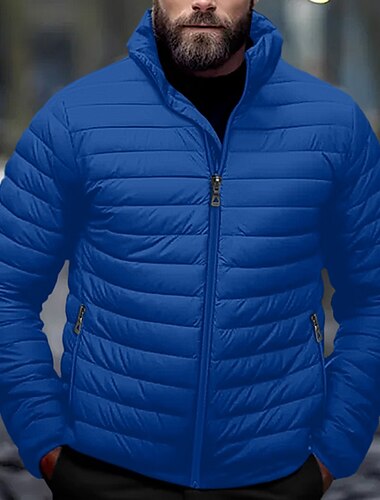  Men's Winter Coat Puffer Jacket Zipper Pocket Polyster Pocket Date Casual Daily Weekend Regular Keep Warm Outdoor Casual Sports Winter Plain Black Red Dark Navy Blue Puffer Jacket