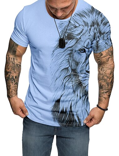  Men's Graphic Animal Lion Short Sleeve T shirt 3D Print Crew Neck Shirt Daily Outdoor Casual Party Casual Holiday Light Green Blue Sky Blue Spring & Summer Clothing Apparel Normal S M L XL XXL XXXL