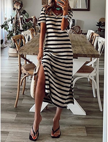  Women's Casual Dress T Shirt Dress Tee Dress Stripe Split Print V Neck Long Dress Maxi Dress Vacation Short Sleeve Summer